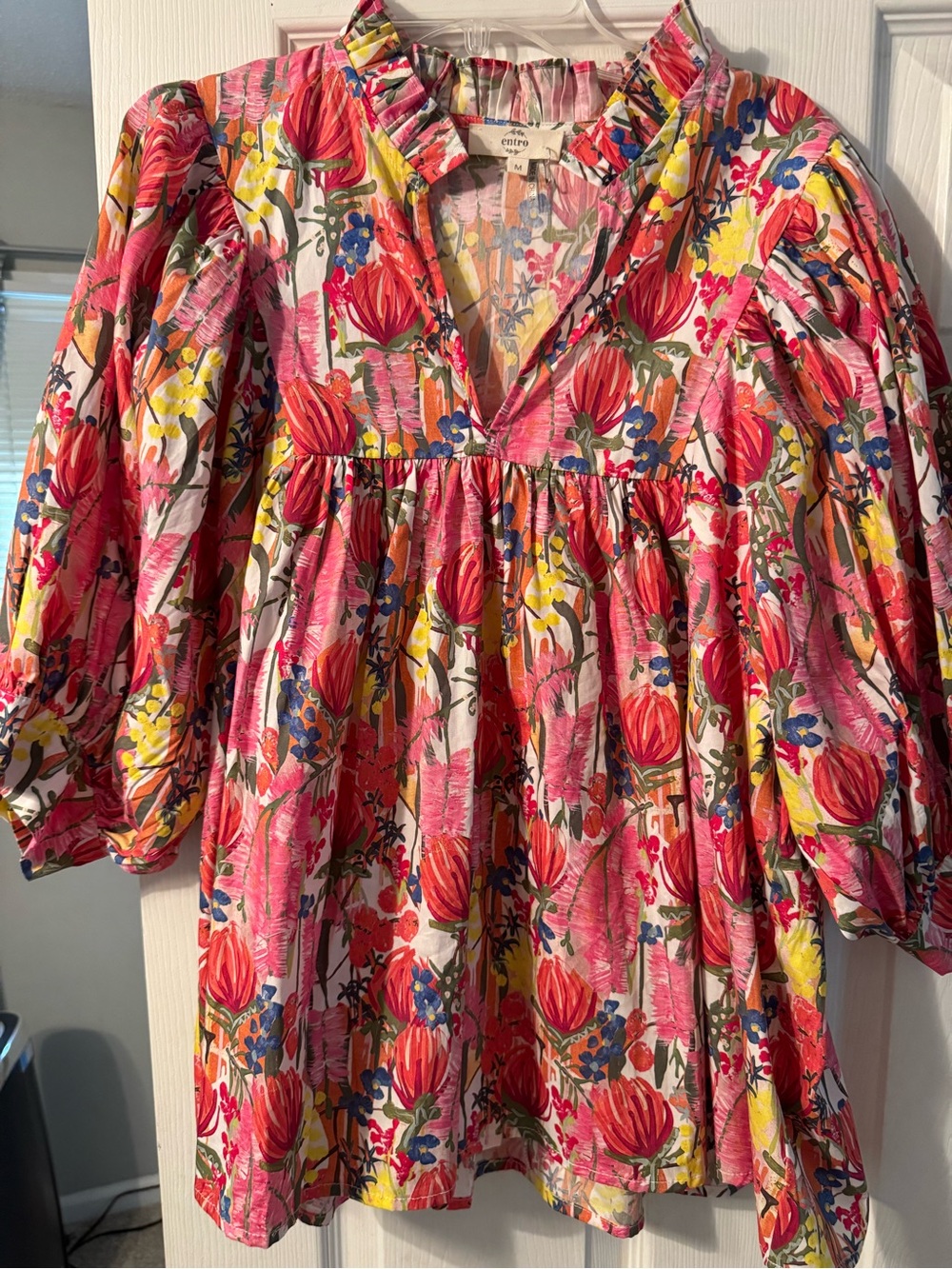 entro Multicolor Floral V-Neck Blouse in Pink, Red & Yellow